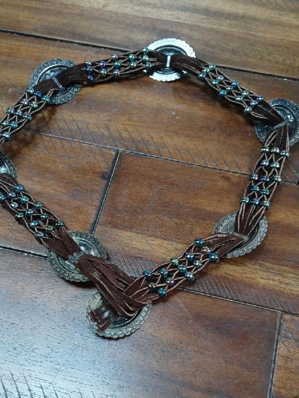 Brown Leather Western Concho Beaded Belt